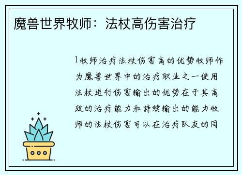 魔兽世界牧师:法杖高伤害治疗